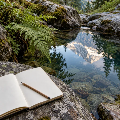 A sketchbook beside a fern and a clear reflective rock pool
