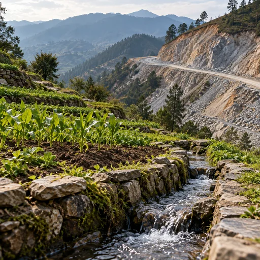 Cultivated mountain terraces beside a new road cut in the hillside