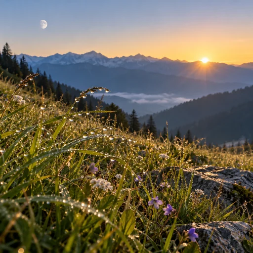 Dew-lit grasses at dawn beneath a pale moon and mountain ridge
