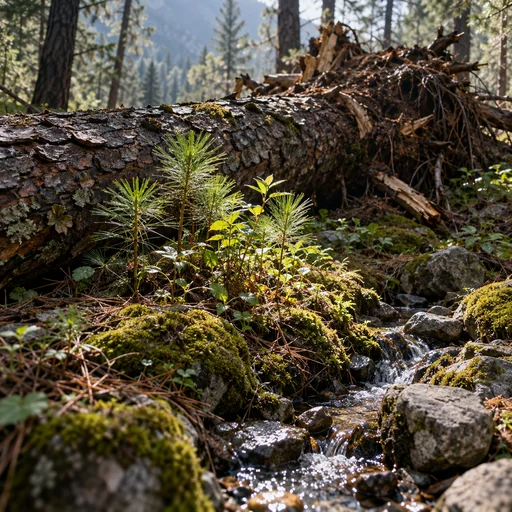 Young shoots growing beside a fallen pine in a newly sunlit forest gap