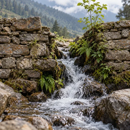 A stream and fresh plants finding their way through an old stone wall