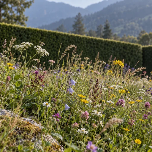 Diverse wildflowers growing freely in front of a clipped hedge