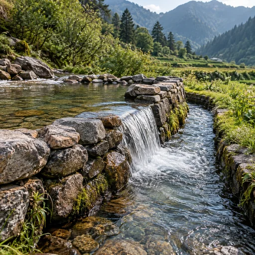 A small stone spillway guiding water into a living green channel