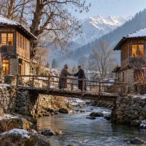 A wooden bridge connecting two homes beside a Kashmiri mountain stream