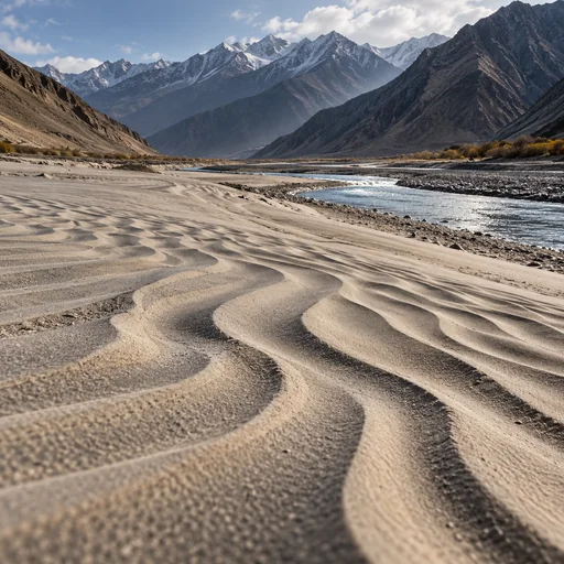Wind-shaped sand ripples beside a stream in a mountain valley