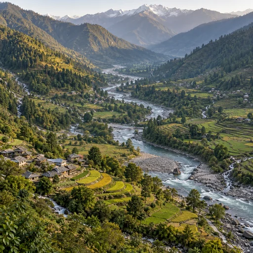 Tributaries, terraces and a village connected across a mountain watershed