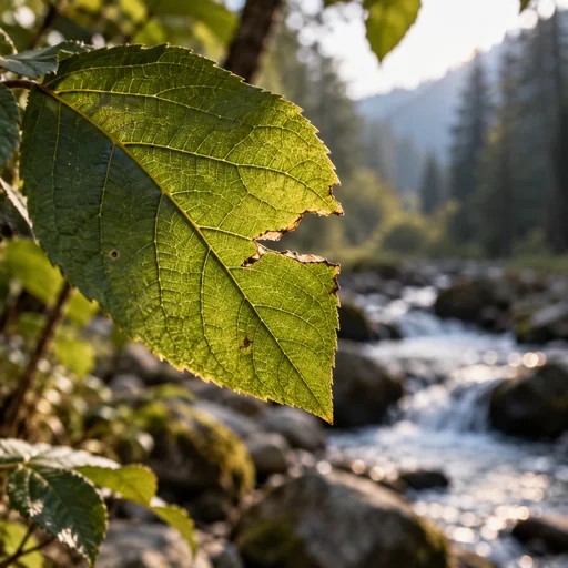 Light passing through a torn green leaf beside a woodland stream