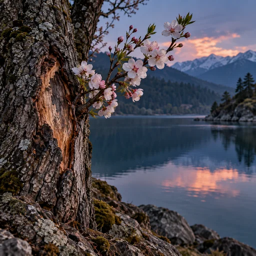Spring blossoms on a weathered tree beside a mountain lake at dusk