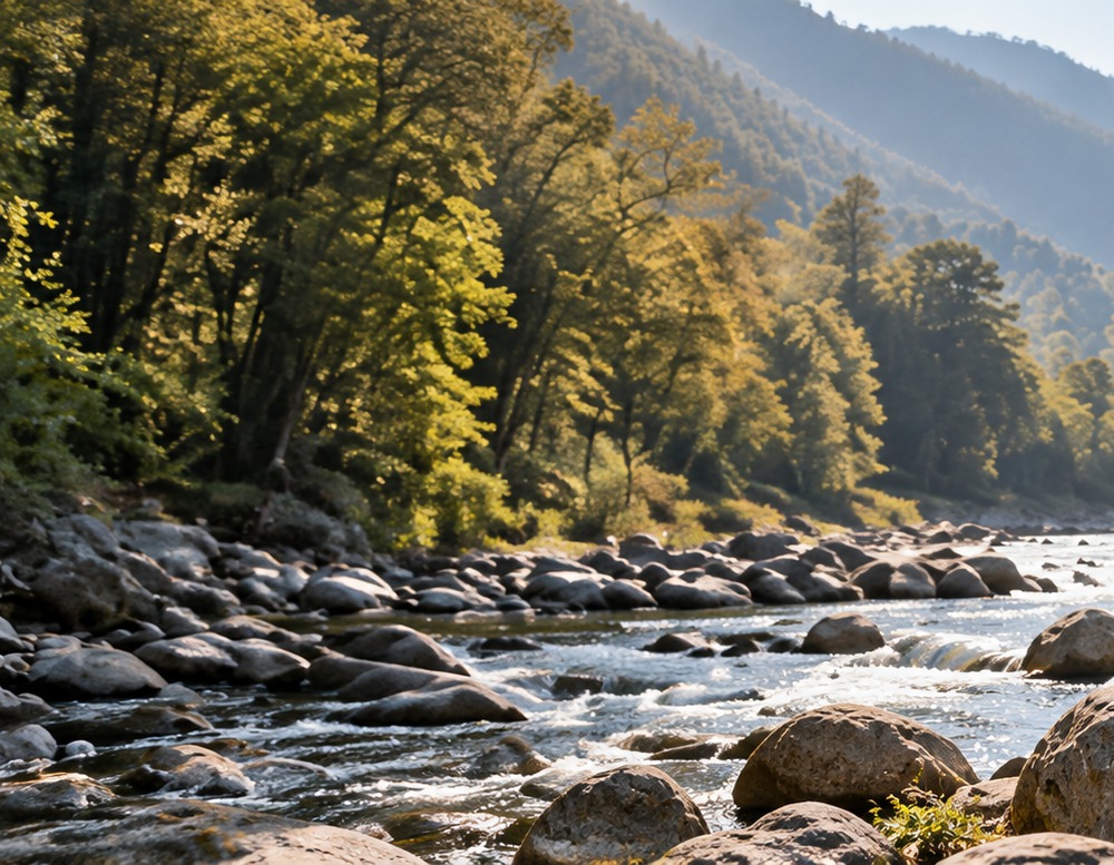 River flowing through a forested mountain landscape