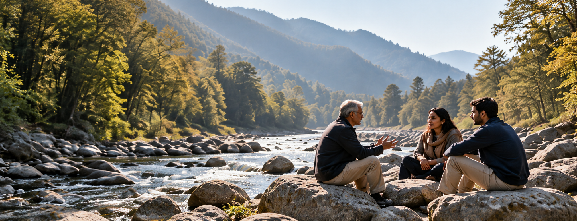 People in quiet conversation beside a river