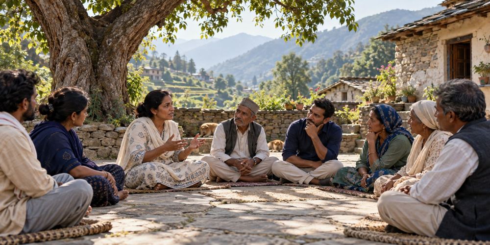Villagers seated in a circle beneath a tree, listening to one another in a community discussion