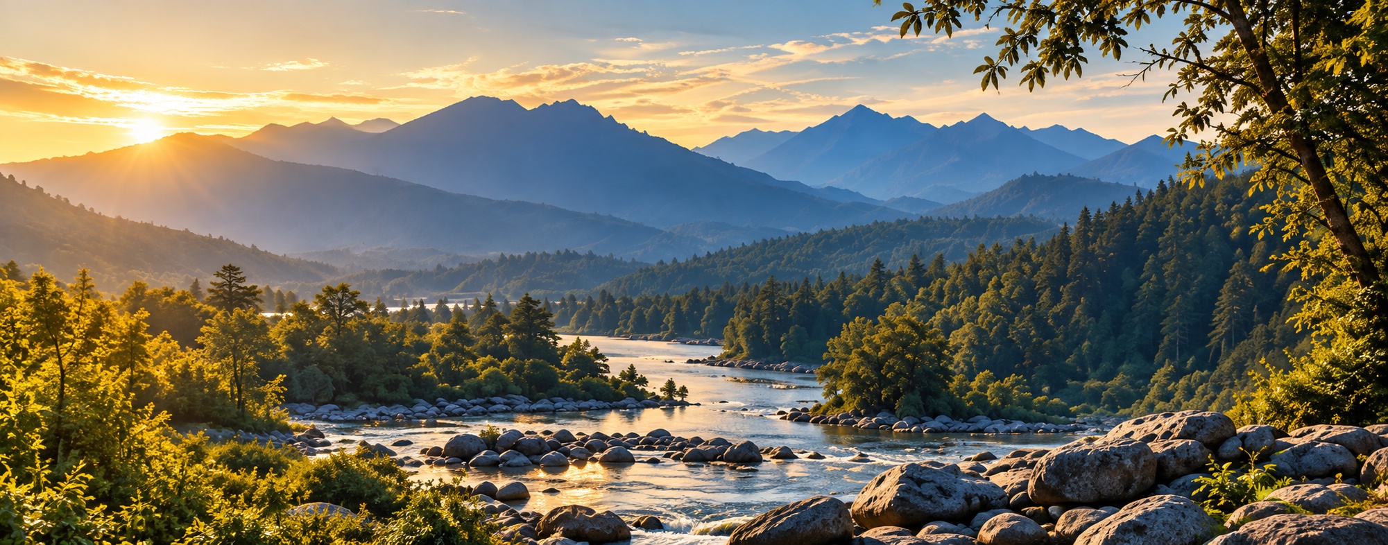 River, mountains and boulders