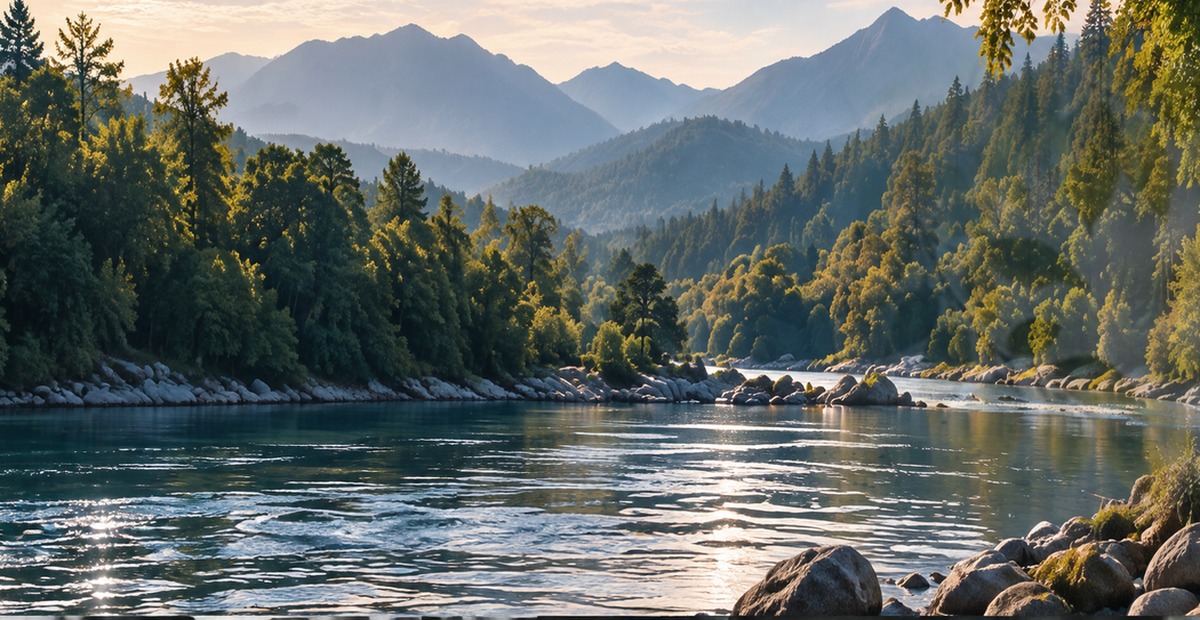 River flowing through a forested mountain landscape
